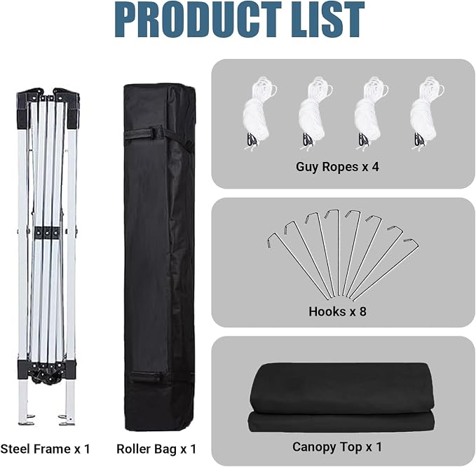 10x10 Pop Up Canopy Tent, One Push Center Lock Instant Setup Folding Shelter, High Strength Steel Frame and Handheld Carry Bag, Ground Stakes and Wind Ropes for Camping, Parties, Black