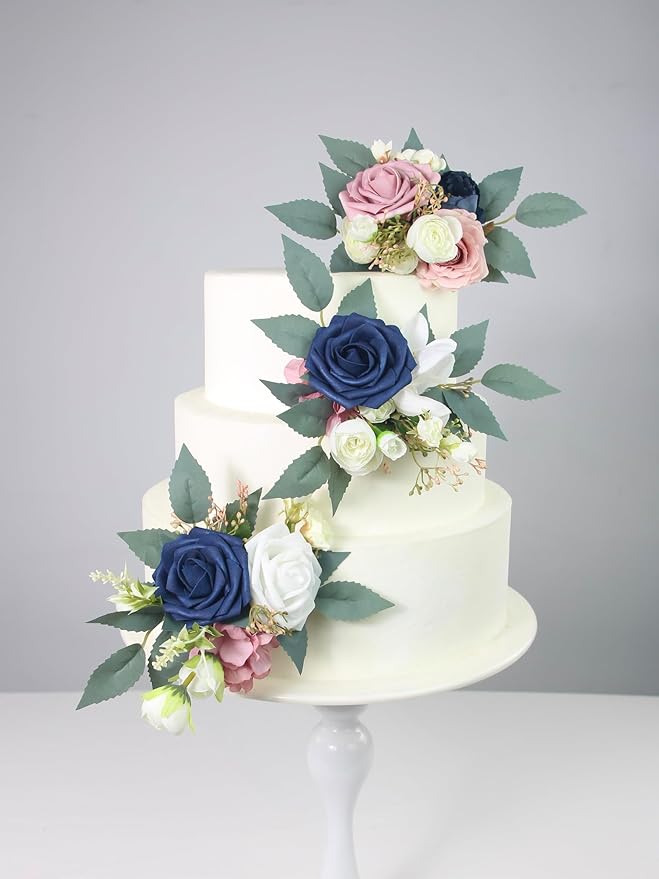 Rinlong 3Pcs Pre-made Cake Flowers Navy Blue Pink Cake Decorations Wedding Cake Decorating Flowers Decor Birthday Baptism Party Artificial Flowers Cake Toppers