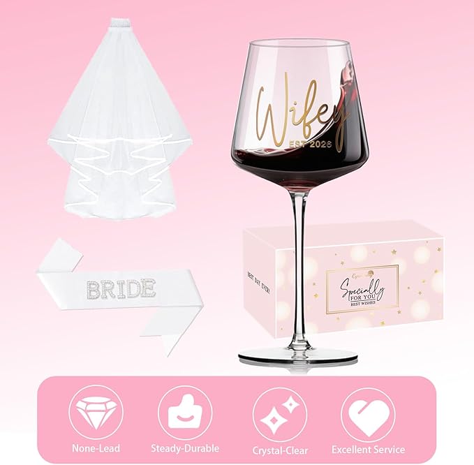 Cute Wedding Engagement Day Gifts Idea for Bridal Shower Est 2026,Wifey Wine Glass Bride to Be Sash Veil for Bachelorette Party Decorations,Future Mrs Decorations Set for Women and Girls