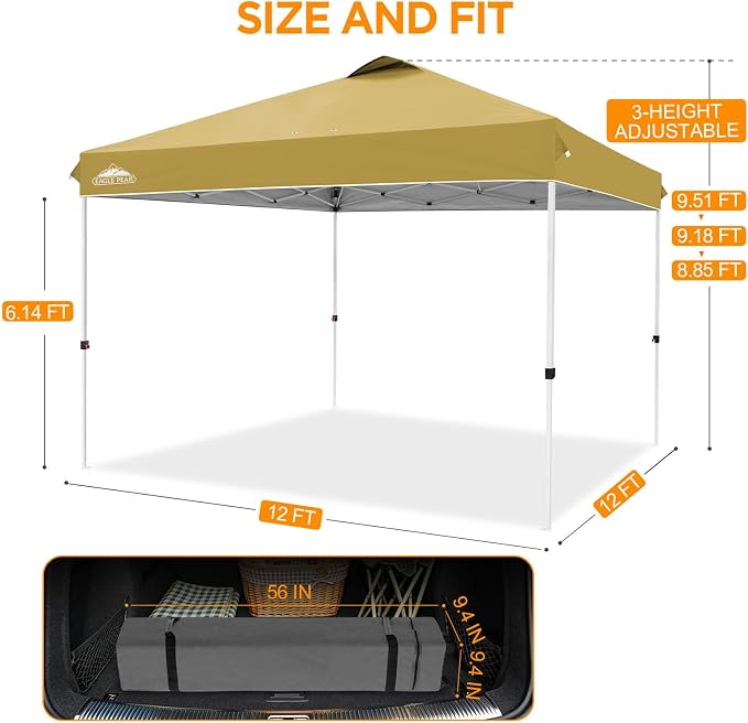 EAGLE PEAK Pop Up Canopy Tent with Wheeled Carry Bag, 8 Stakes, 4 Ropes, 4 Weight Bags, Easy Set Up Tent Canopy, 12x12 ft, 144sqft of Shade, Beige