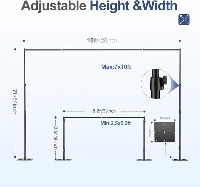 EMART Backdrop Stand,10x7ft(WxH) Adjustable Photo Background Stand with Upgrade Rod,Heavy Duty Flat Base,Metal Pipe and Drape Frame for Wedding,Birthday Party,Decorations,Photography Studio