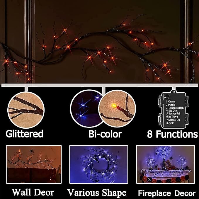 LITBLOOM Lighted Black Glittered Garland with 48 Orange and Purple Bi-Color Lights, Halloween Garland with Lights 8 Functions 6FT Battery Operated for Home Party Halloween Decoration Indoor Outdoor