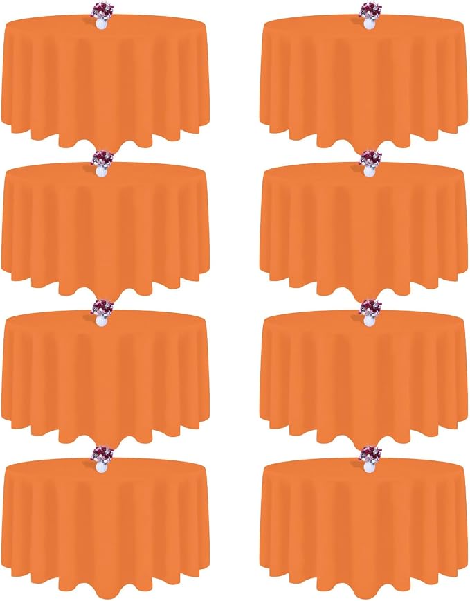 8 Packs 90 Inch Orange Round Tablecloth in Diameter, Washable Polyester Fabric Tablecloths, Wrinkle Resistant Table Cloth for Wedding Party Banquet Dining