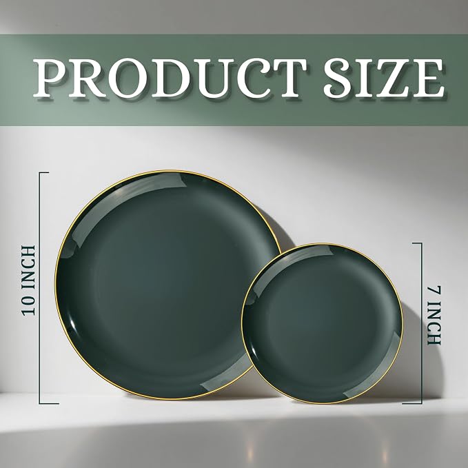 bUCLA 200PCS Green Plastic Plates - Green Disposable with Gold Rim Include 100 Dinner 10 inch & 100 Dessert 7 inch Plates, Ideal for Party & Christmas