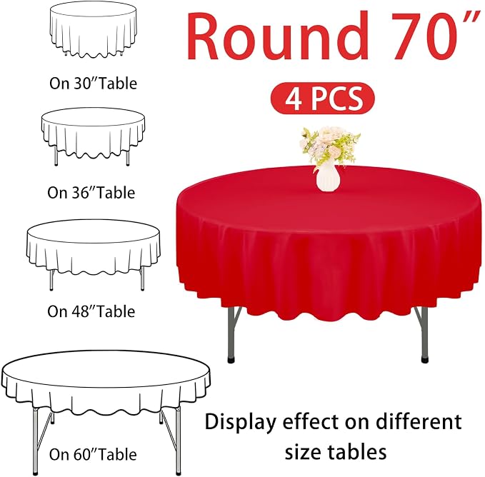 4 Pack Round Tablecloth 70 Inch Polyester Washable Decorative Fabric Table Covers for Wedding Dining Table Buffet Parties Banquet Decoration（Red）