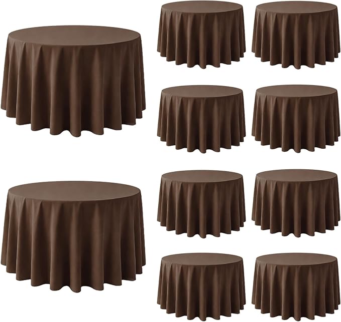 10 Pack Brown Round Tablecloth 90 Inch Round Table Cloth Wrinkle Resistant Brown Tablecloth Washable and Reusable Polyester Fabric Table Covers for Banquet Wedding Party Dining Buffet