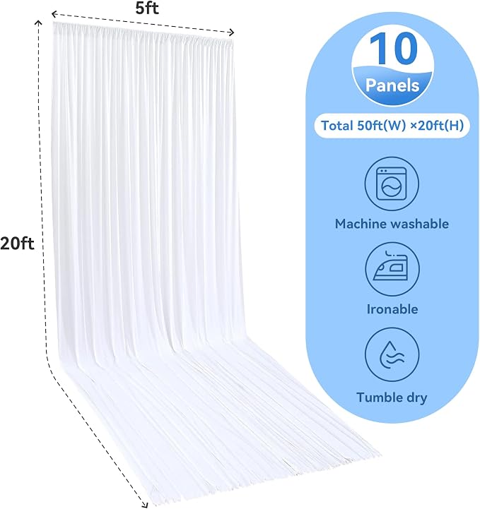 10 Panels 5x20ft White Ceiling Drapes for Weddings, Wrinkle Free Thick Polyester 20 ft Extra Long Ceiling Curtains Canopy Tent Draping Fabric Arch Drapery for Birthday Big Party Events Decor