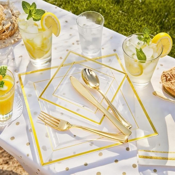 Festiva 350Pcs Clear Plastic Plates with Gold rim - Clear Gold Disposable Dinnerware for 50 Guests include Square Plastic Plates/Cups/Cutlery/Napkins Perfect for Birthday Party&Wedding