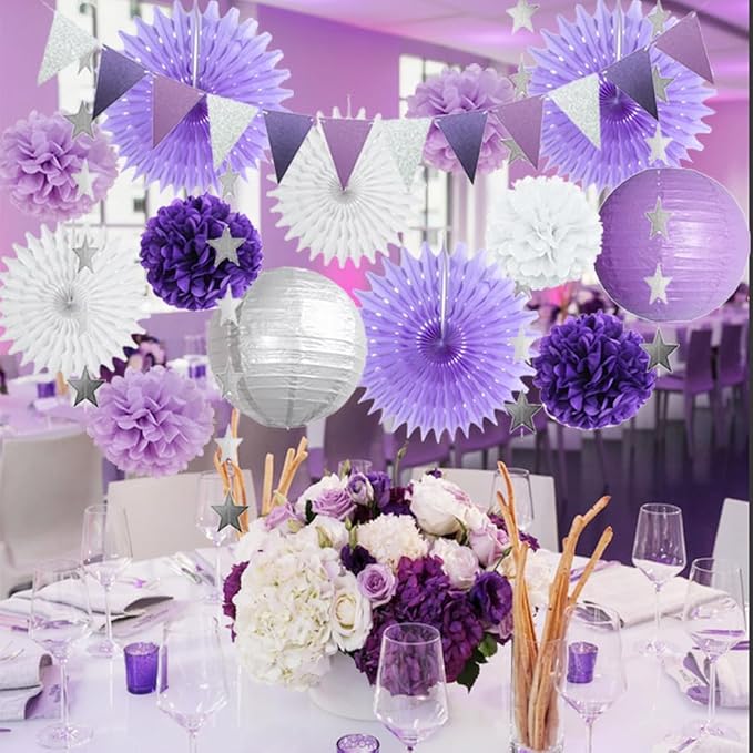 Purple White and Silver Party Decorations Lanterns Fans Poms Light Purple and Silver Party Decorations for Graduation Baby Shower Bridal Shower Wedding Birthday Purple Silver White Party Decorations