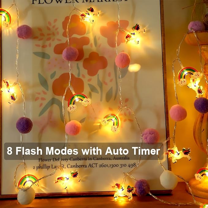 ChiRee Indoor String Lights 9.85 Ft Unicorn Rainbow String Lights with Pom Poms, 20 LED Battery Operated Fairy Lights with Timer & 8 Flash Modes, Cute Kids Girls Boys Bedroom Nursery Play Tent Decor
