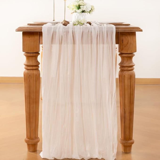 LINXTAR Ivory Cheesecloth Table Runner 160 Inches 14Ft Gauze Summer Boho Table Runner for Wedding Tea Party Baby Shower Bridal Birthday Home Decoration