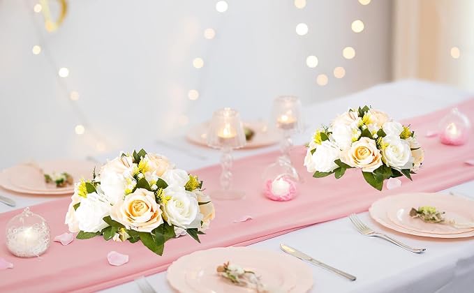 Flower Balls Wedding Flower Centerpieces: 6 Pcs Fake Roses with Base Table | Champagne White Artificial Floral Arrangements Decorations - Faux Silk Kissing Flower Bouquet of Roses Home Party DIY Decor