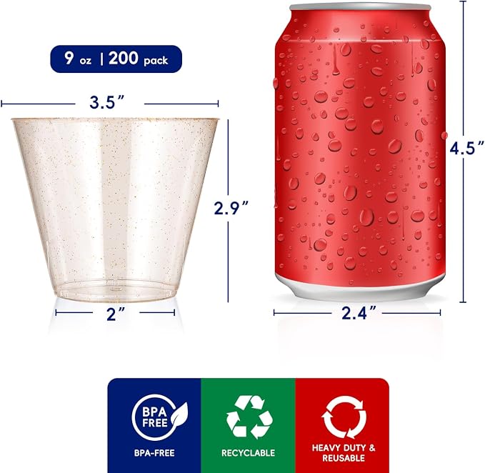 JOLLY CHEF 200 Pack 9 oz Glitter Plastic Cups, Disposable Gold Cups, Clear Plastic Tumblers for Wedding, Thanksgiving, Christmas Party