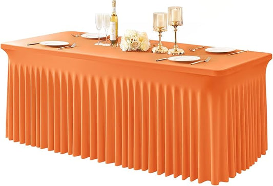 1 Pack Orange Table Clothes for 6 Foot Rectangle Tables, One-Piece Wrinkle Resistant Stretch Spandex Table Covers with Skirt for Event Banquet Wedding Birthday Party