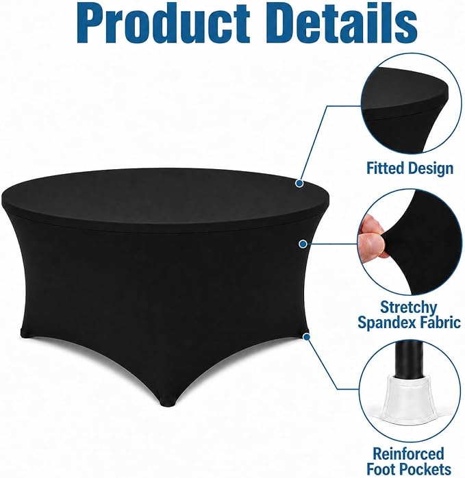 Round Table Covers - 6 Pack 60x30 Inch Table Cloth - Black Fitted Stretch Spandex Round Tablecloth for Party, Wedding, Birthday, Hotel, Banquet