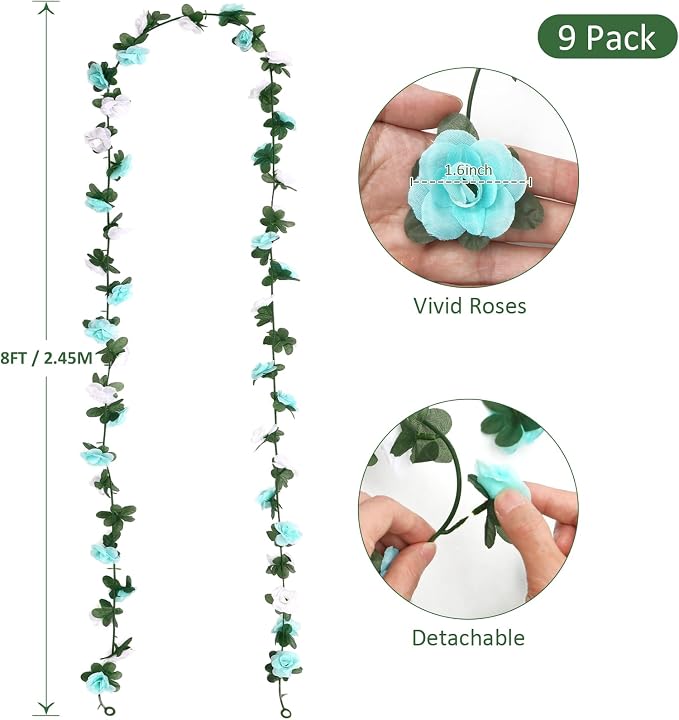 KHOYIME 9 Pack 72 FT Artificial Flower Garland, Fake Blue White Roses Vines Silk Flowers Faux Plastic Outdoor Hanging Floral Ivy Garland Decoration for Wedding Arch Bedroom Home Wall Backdrop Decor