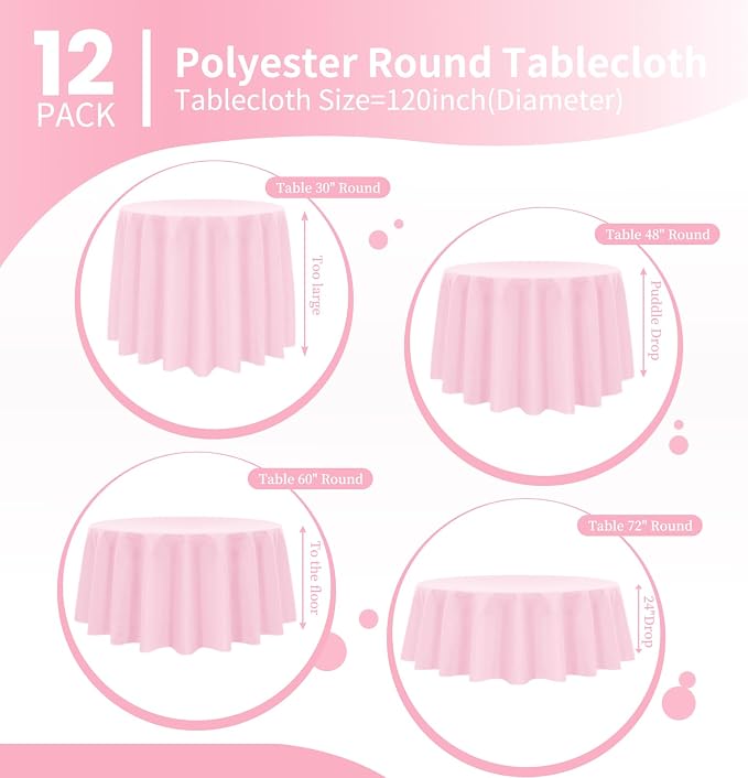 Pesonlook 12 Pack Round Tablecloth Pink Polyester 120 Inch Washable Fabric Round Table Cover for Wedding/Party/Banquet/Dining/Buffet Table