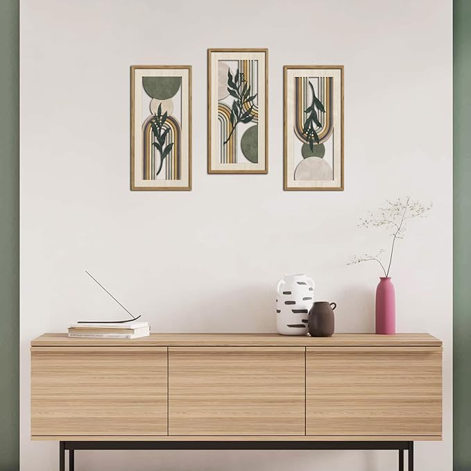 HPNIUB 3 PCS Minimalist Sage Green Wall Decor, Boho Geometric Line Hanging Wood Sign for Living Room, 8x16Inch Modern Bohemian Botanical Leaf Wooden Plaque for Apartment Bedroom Office Decoration
