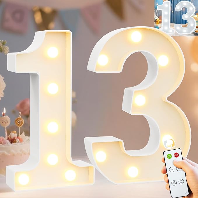 Pooqla 13th Birthday Decoration for Girls Boys, Decorative Marquee Numbers with Remote, Light Up 13 Sign for Party Backdrop 13th Wedding Anniversary Decor, Warm White and Cool White Number 13