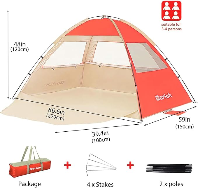 Gorich Beach Tent Sun Shelter for 3/4/6/8/10 Person with UPF 50＋ UV Protection, Lightweight & Easy Setup Beach Shade Canopy, Portable Beach Shade Tent Beach Cabana