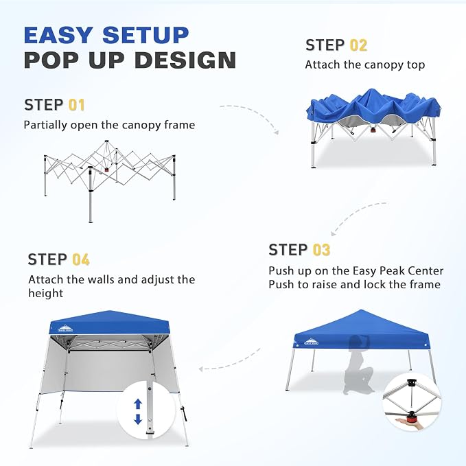 EAGLE PEAK Day Tripper 8x8 Aluminum Super-Lightweight Slant Leg Pop Up Canopy with 3 Removable Walls, Instant Outdoor Backpack Canopy Tent, Outside Beach Folding Sun Shelter, 8x8 Base 6x6 Top, Blue