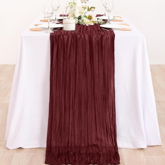 MLMC 2 Pack Burgundy Red Table Runner 10ft Wine Red Cheesecloth Table Runner Sheer Gauze Cheese Cloth Centerpiece 35x120 Inches for Wedding Bridal Shower Anniversary Events Decor