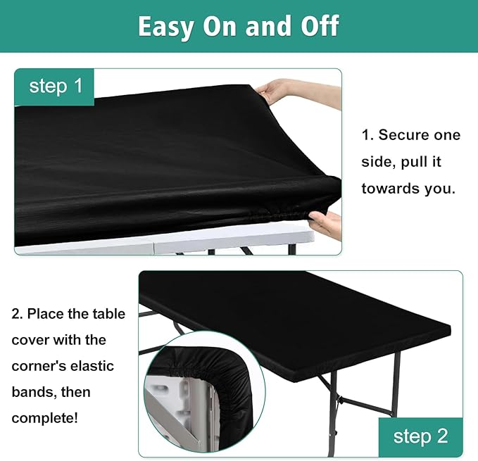 LUSHVIDA 10 Packs Vinyl Tablecloths with Flannel Backing for 8ft Rectangle Folding Table Cloths - Waterproof Plastic Picnic Table Covers with Elastic Corners, 30x96 inch, Black