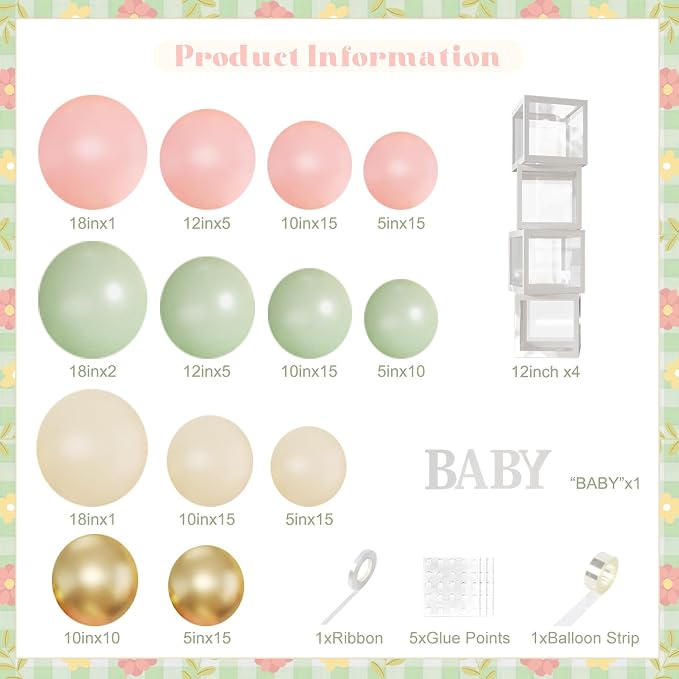 Pink and Green Gold Balloon Arch Kit, 132Pcs Pink and Green Baby Shower Decorations with Baby Boxes Letters for Girls Boho Baby Shower Gender Reveal Birthday Party Decorations