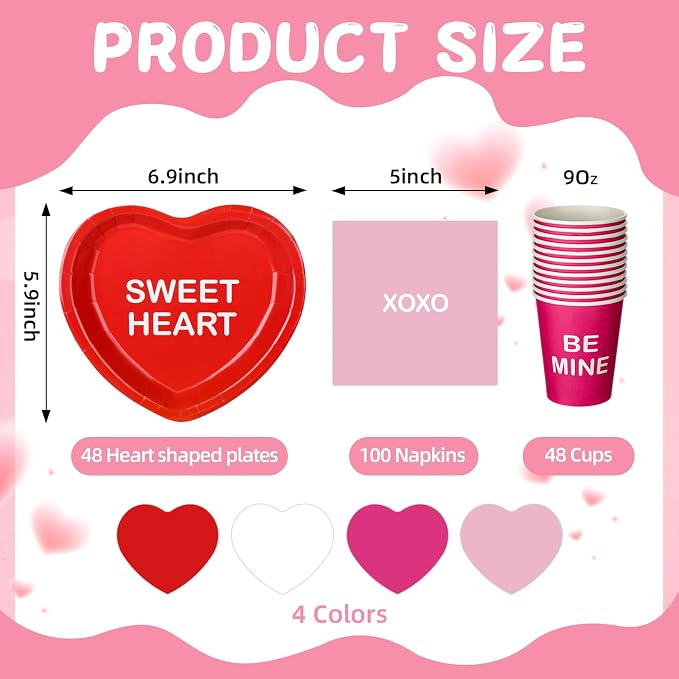 Maxcheck 196 Pcs Conversation Heart Party Supplies Valentine's Day Party Tableware Decorations Heart Disposable Paper Plates Napkins Cups for Valentine Anniversary Birthday Wedding, Serves 48 (Bright)
