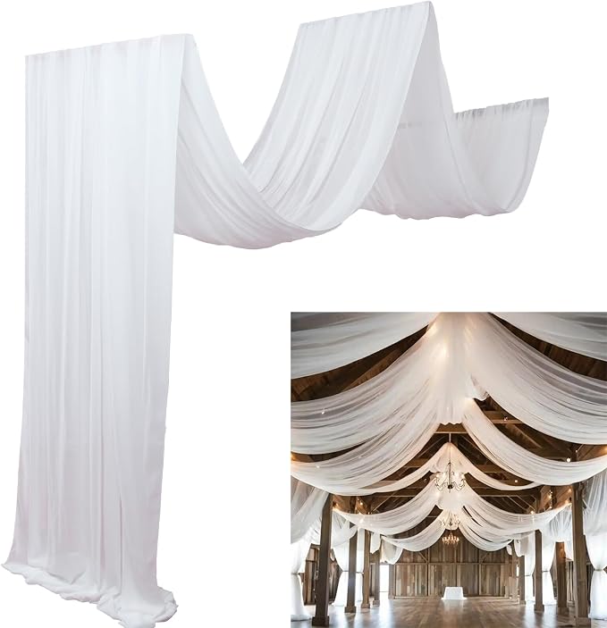 DUOBAO 10ft White Wedding Chiffon Ceiling 6 Panels, Sheer Fabric Drapes for Stage Tent Party Photo Backdrop Decor