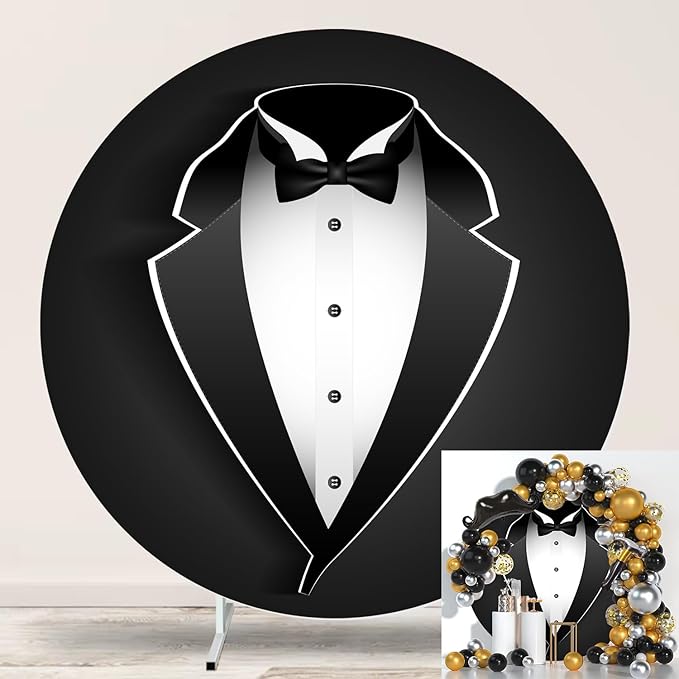 7.2ft Gentleman Tuxedo Round Backdrop Cover Black and White Bow Tie Suit Circle Photo Background for Man Portrait Birthday Party Decoration,Wedding Arch Backdrop Cover,Boy Baby Shower Photos