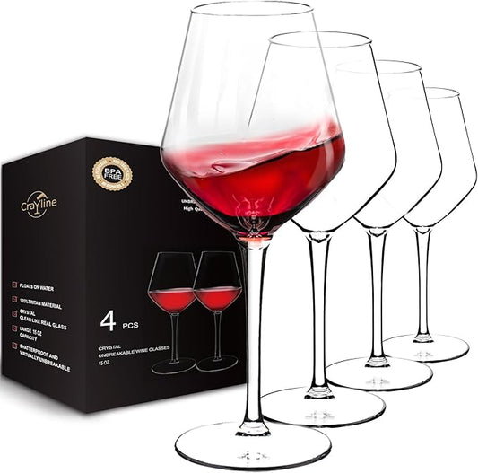 crayline Plastic Wine Glasses Set of 4(15oz) |Unbreakable Wine Glasses with Stem|100% Tritan & BPA Free |Dishwasher Safe| Awesome For Pool, Beach, Travel, Pool, Camping, Beach, Picnic, Everyday Use.