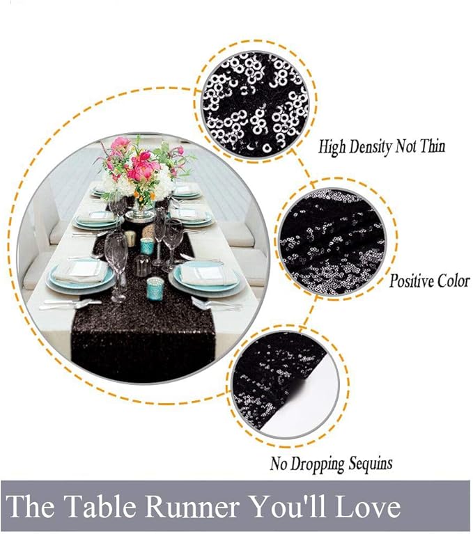 ShinyBeauty Black Table Runner 12" x 108" Sequin Table Runner Glitter Runner for Table Fall Table Runner Halloween Party Table Overlay