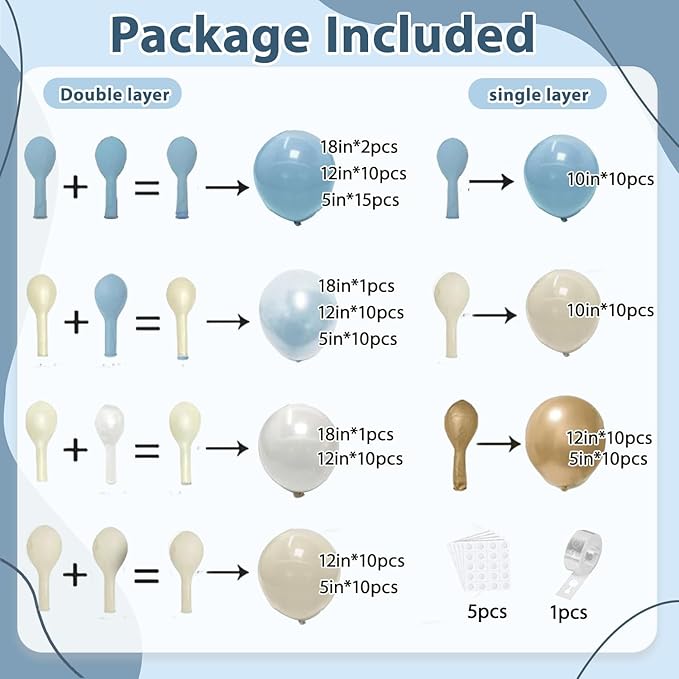 Dusty Blue Beige Gold Balloons Arch Kit, Double Stuffed Pastel Light Blue Pearl White Sand Chrome Gold Balloons for Elegant Weddings Birthdays Bridal Decoration