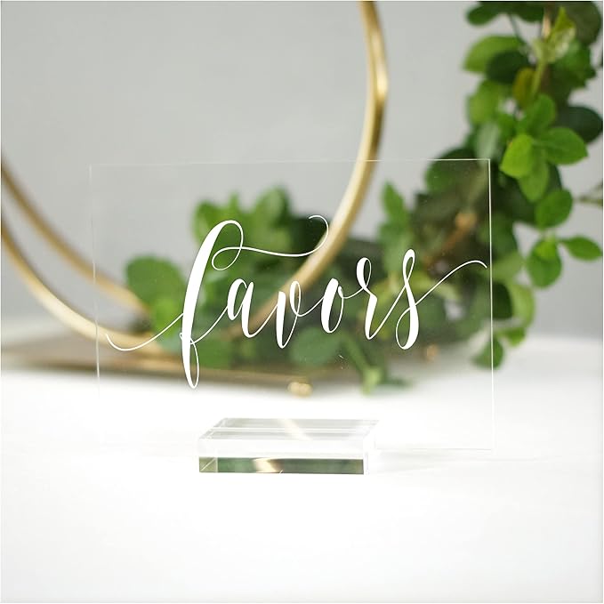 Cedar and Ink Favors Acrylic Calligraphy Sign with Stand, Acrylic Wedding Signs Cursive Lettering, Clear Lucite Glass-Like Gift Table Decor or Wedding Cards Sign, Reception, Stand Included