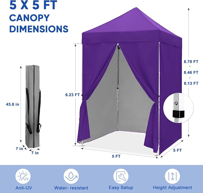 COOS BAY 5x5 Pop Up Canopy Tent with Side Walls, Easy Setup Portable Sun Shelter with Carry Bag, Outdoor Shade for Beach, Camping, Sports & Backyard, Purple
