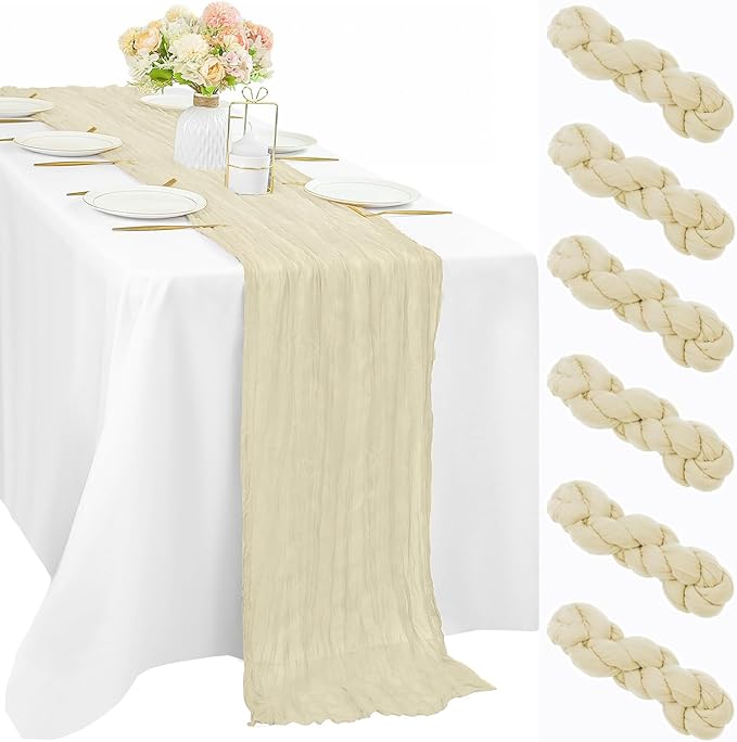 6 Pcs Beige Cheesecloth Table Runner 10FT Runner for Tables Boho Gauze Fabric Table Runner Decoration Rustic Sheer Runner for Wedding Bridal Shower Birthday Party Table Decor (35 x 120 Inches Long)