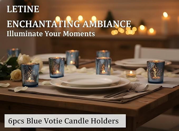 LETINE 6pcs Blue Votive Candle Holders – Standard Votive Size for Regular Votive Candles– Tea Light Candles Holder, Candle Holder for Summer Weddings, Waterfront Venues, Home Decor
