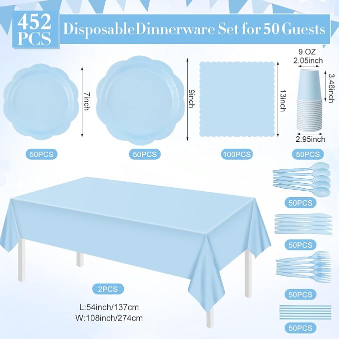 Funnymoom 452 Pcs Light Blue Party Supplies for 50 Guests, Baby Blue Scalloped Paper Plates Napkins Cups Plastic Tablecloth Cutlery Straws for Baby Bridal Shower, Birthday Wedding Party Decoration
