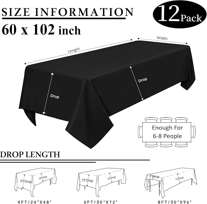12 Packs Black Tablecloths 60x102 Inch Fabric Rectangular Tablecloths for 6 Foot Rectangle Tables, Wrinkle Resistant Polyester Washable Table Cloth Rectangle Table for Wedding Party