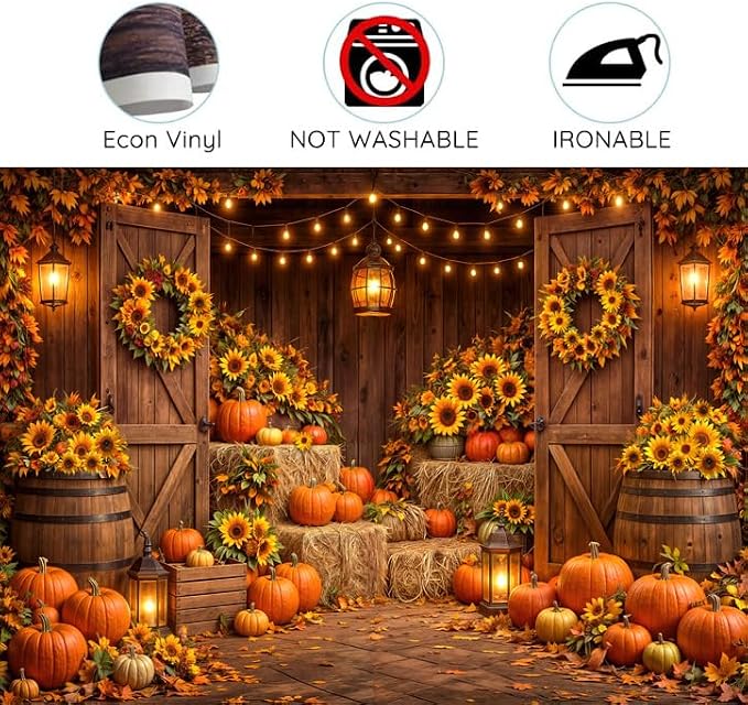 12 x 10 ft Autumn Harvest Barn Backdrop Pumpkin Sunflower Fall Photography Background for Thanksgiving Baby Shower & Birthday Party Photo Booth Studio Props
