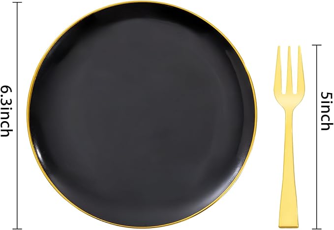 Festiva 200Pcs Black Gold Dessert Plates 6.3" with Plastic Forks 5"- Small Disposable Plates- Dessert/Cake/Appetizer Plastic Plates include 100Plates 100Forks for Tea Party & Birthday