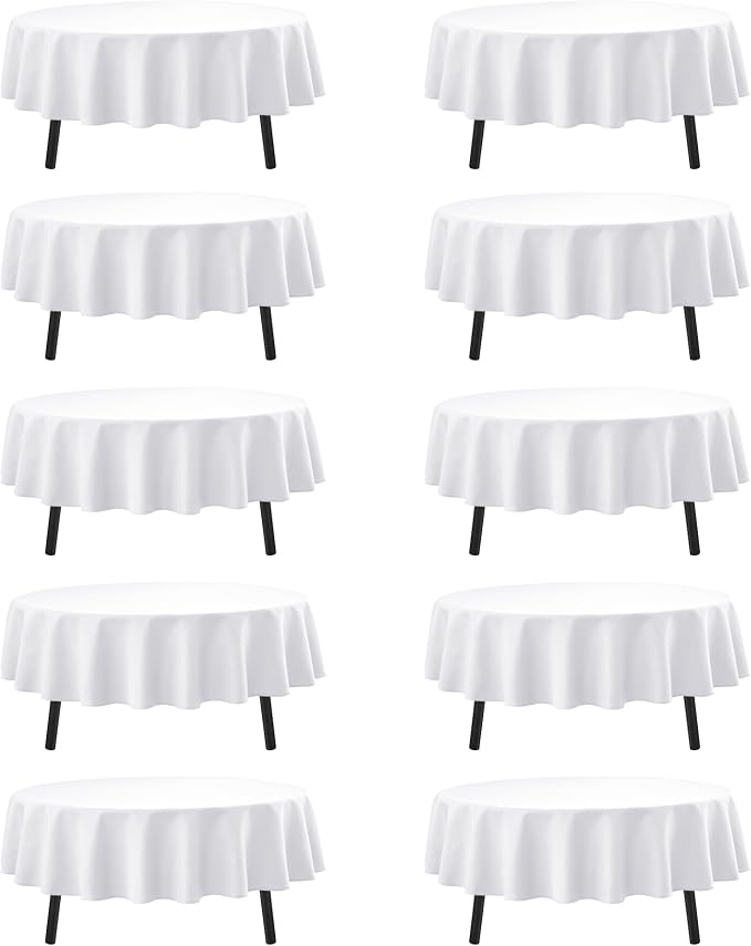 10-Pack White Round Tablecloths, 84 Inches, Stain-Resistant Polyester for 3-5 Ft Round Tables - Washable Table Covers for Weddings, Banquets, Birthday Parties, Events
