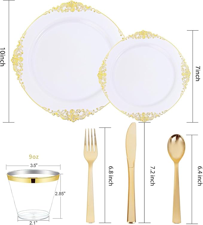 Nervure 600PCS Gold Plastic Dinnerware - White and Gold Disposable Plates for 100 Guests - 200 Disposable Plates, 300 Plastic Silverware, 100 Cups for Wedding & Party
