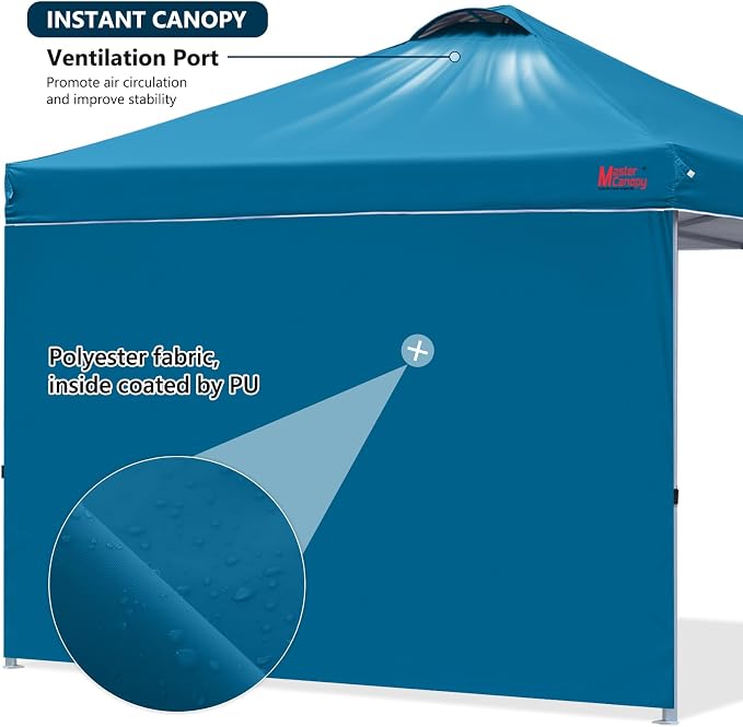 MASTERCANOPY 10x10 Pop Up Canopy Tent with 1 Sidewall, 1 Person Setup Instant Shelter, Outdoor Portable Beach Canopy, 1 Roller Bag, 4 Sandbags, 4 Ropes, 8 Stakes (10x10, Cyan Blue)