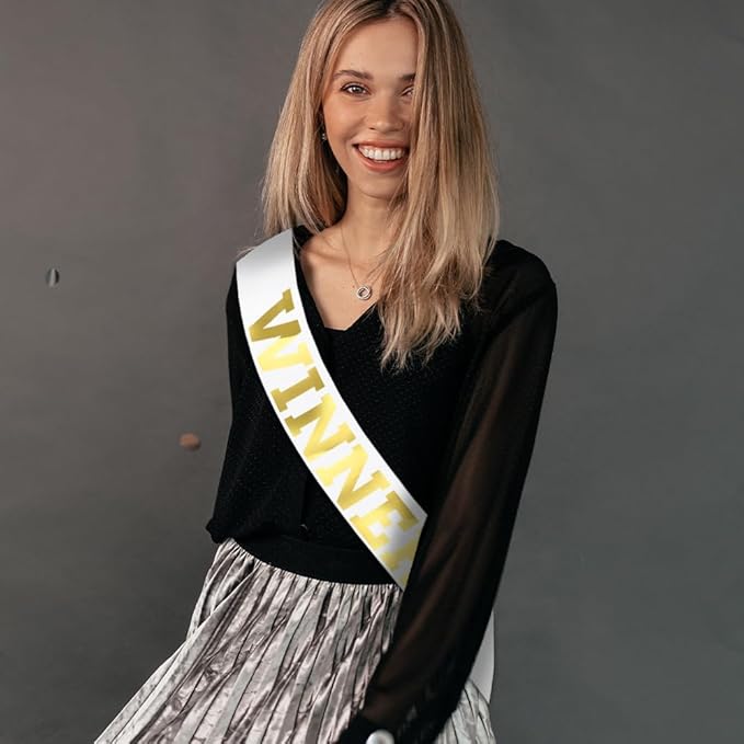 6 pcs Winner Satin Sash Party Accessory, White And Gold Winner Satin Sashes Celebrate In Style At Parties, Contests, Sporting Events And Competitions, 1st Place Award Sash Grand Prize Ribbon Winner Victory Ribbon Deluxe Recognition Ribbons for Classroo...