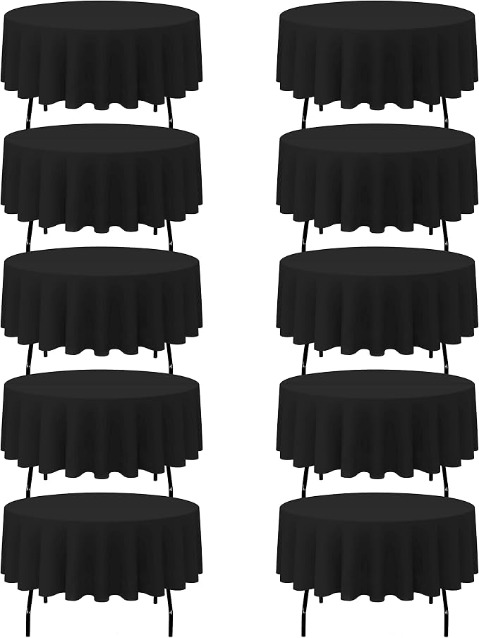 BRILLMAX 10 Pack Black Round Tablecloths 90 Inch for 60” Tables - 150 GSM Polyester Fabric, 15" Standard Drop, Water, Stain & Wrinkle Resistant Cloth Cover for Wedding Reception Banquet Dining