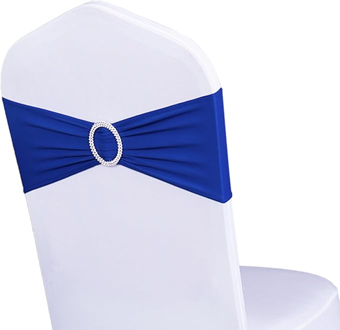 Spandex Royal Blue Chair Sashes 50 Pack for Wedding, Elastic Stretch Chair Bands with Buckle Slider, Chair Bows for Party, Without White Chairs Covers