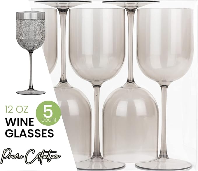 Smokey Grey Plastic Wine Glasses Set of 25 Elegant Wine Goblets Hard Plastic Wine Cups on Stem 12 Ounce
