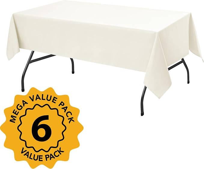 6-Pack Ivory Tablecloths for Rectangle Tables, 60 x 102 Inches, Stain-Resistant Polyester Fabric for 6 Foot Tables - Washable Table Covers for Weddings, Banquets, Birthday, Parties, Events